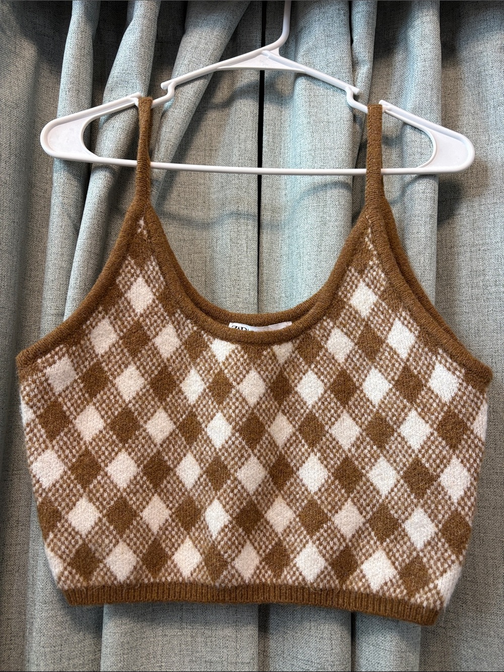 Zara Brown and Cream Argyle Knit Crop Tank
